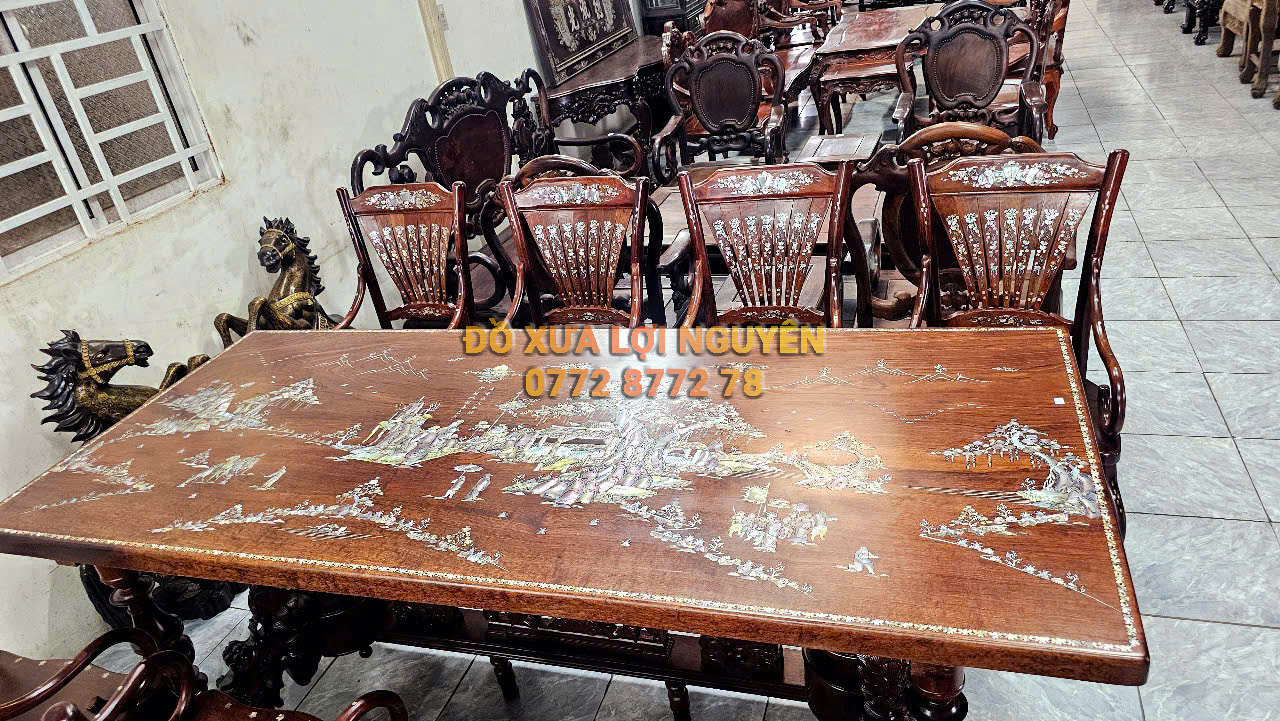 Bộ bàn ăn gỗ hương 9 món, mặt dày 5 cm