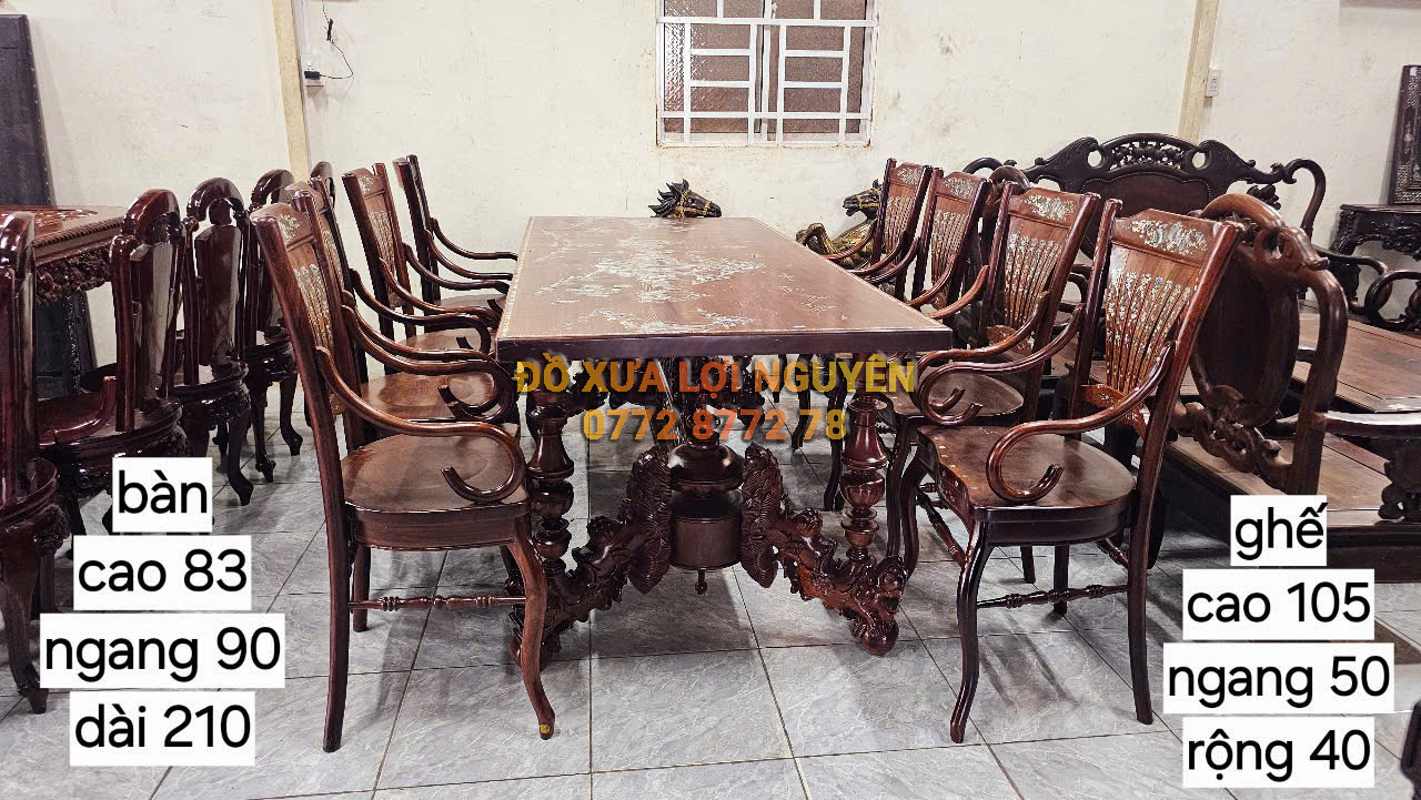 Bộ bàn ăn gỗ hương 9 món, mặt dày 5 cm