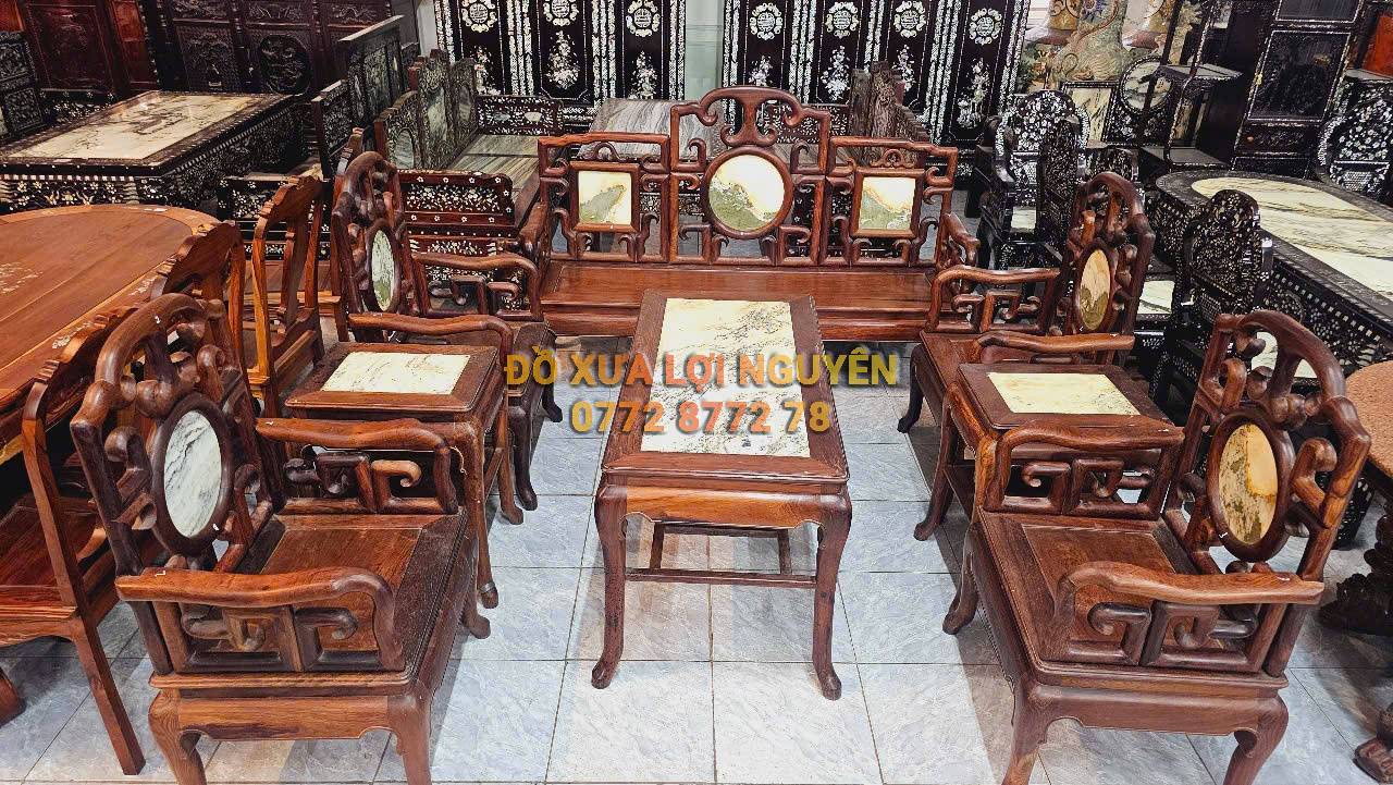 Bộ bàn 8 món móc tàu, mặt đá tàu xưa