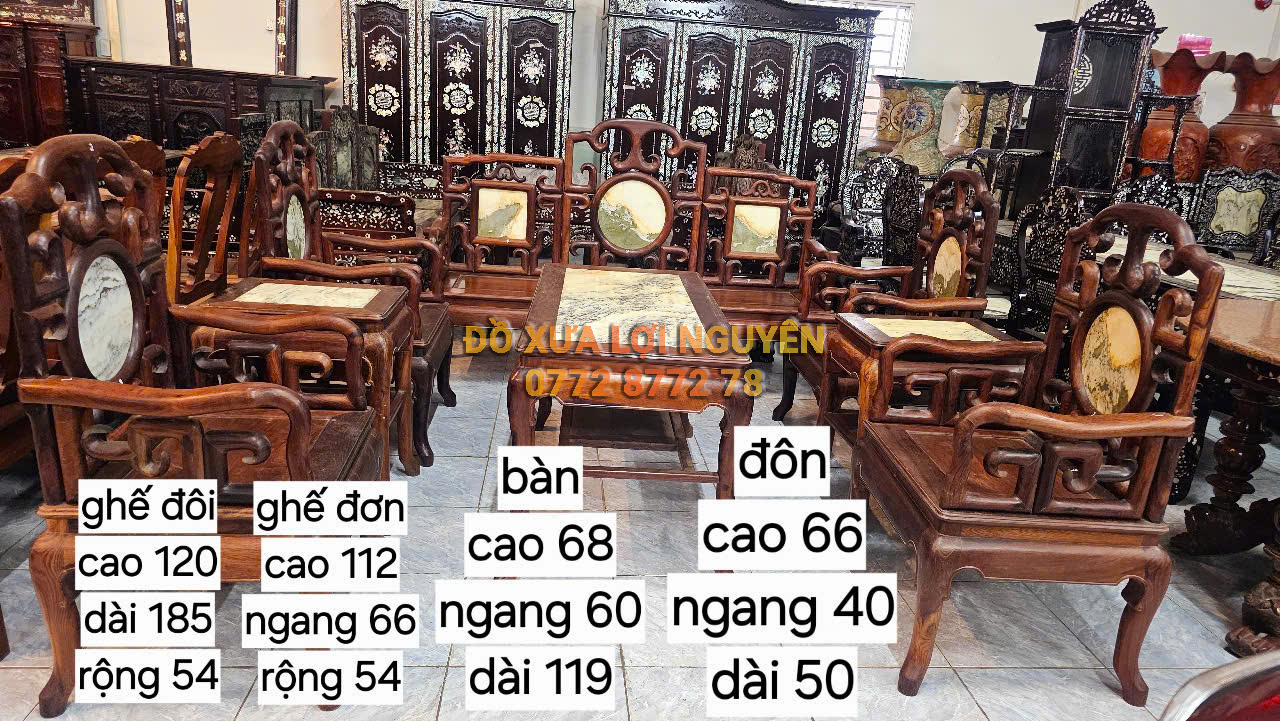 Bộ bàn 8 món móc tàu, mặt đá tàu xưa