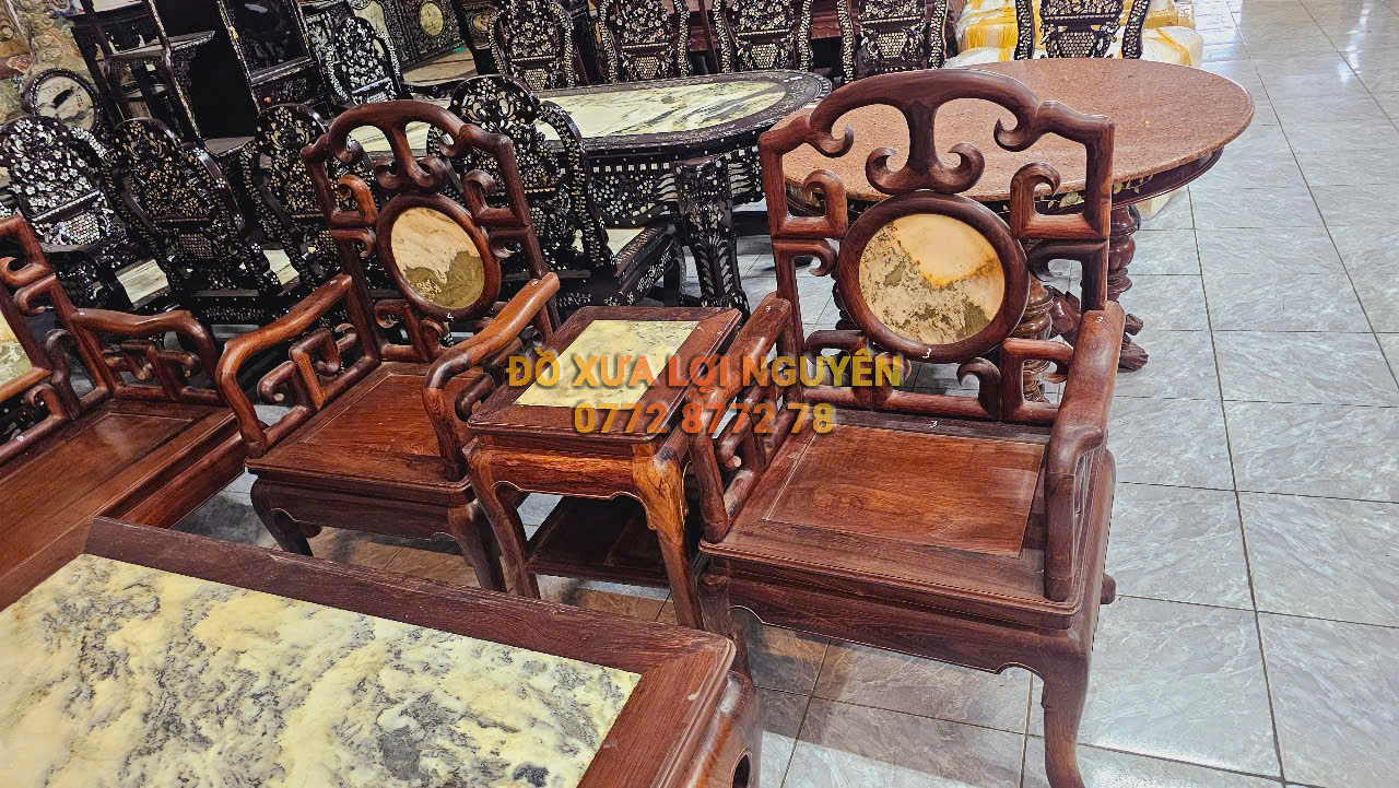 Bộ bàn 8 món móc tàu, mặt đá tàu xưa