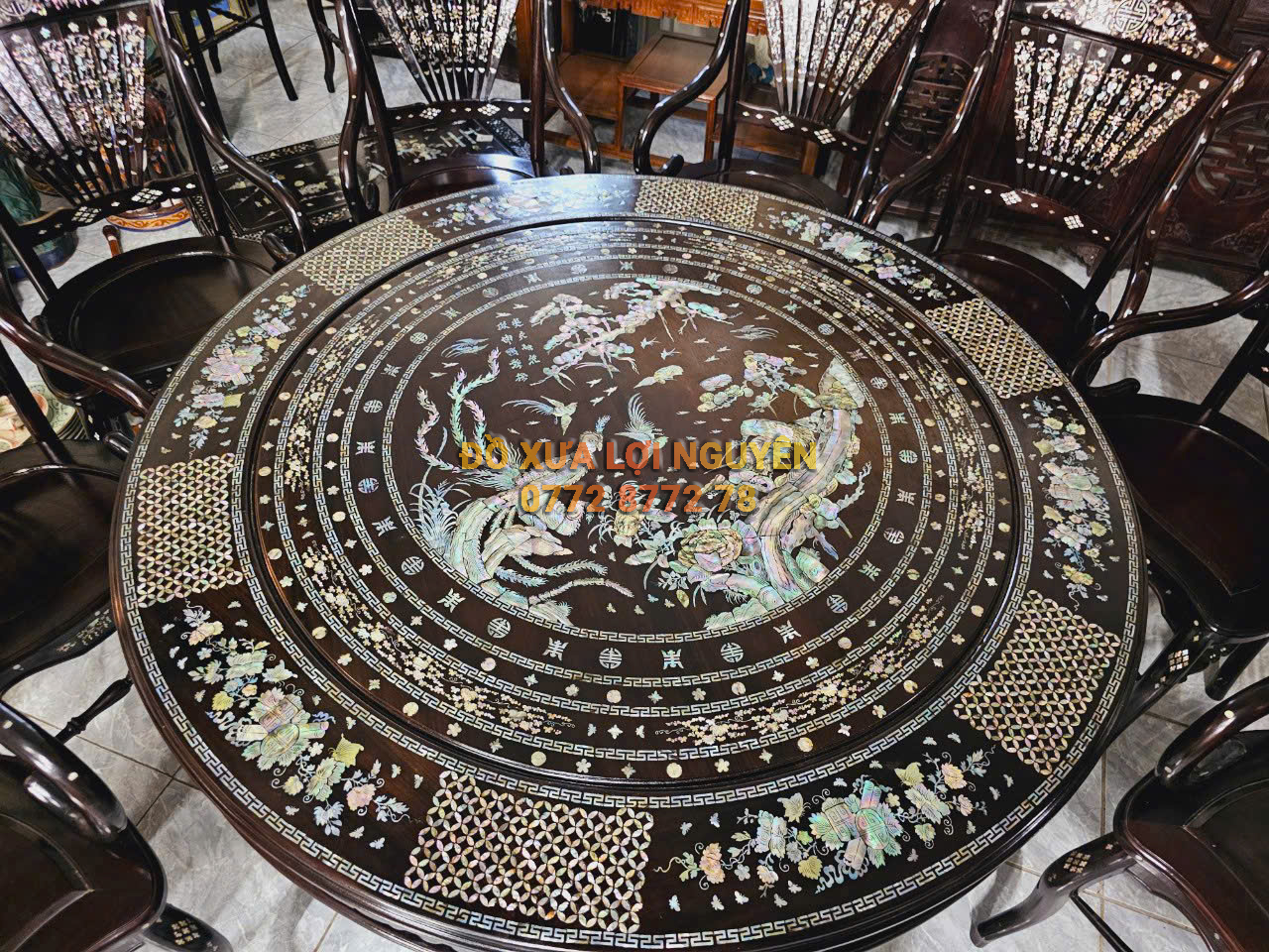 Bộ bàn ăn 8 món, ghế quạt cẩn 2 mặt, gỗ gõ