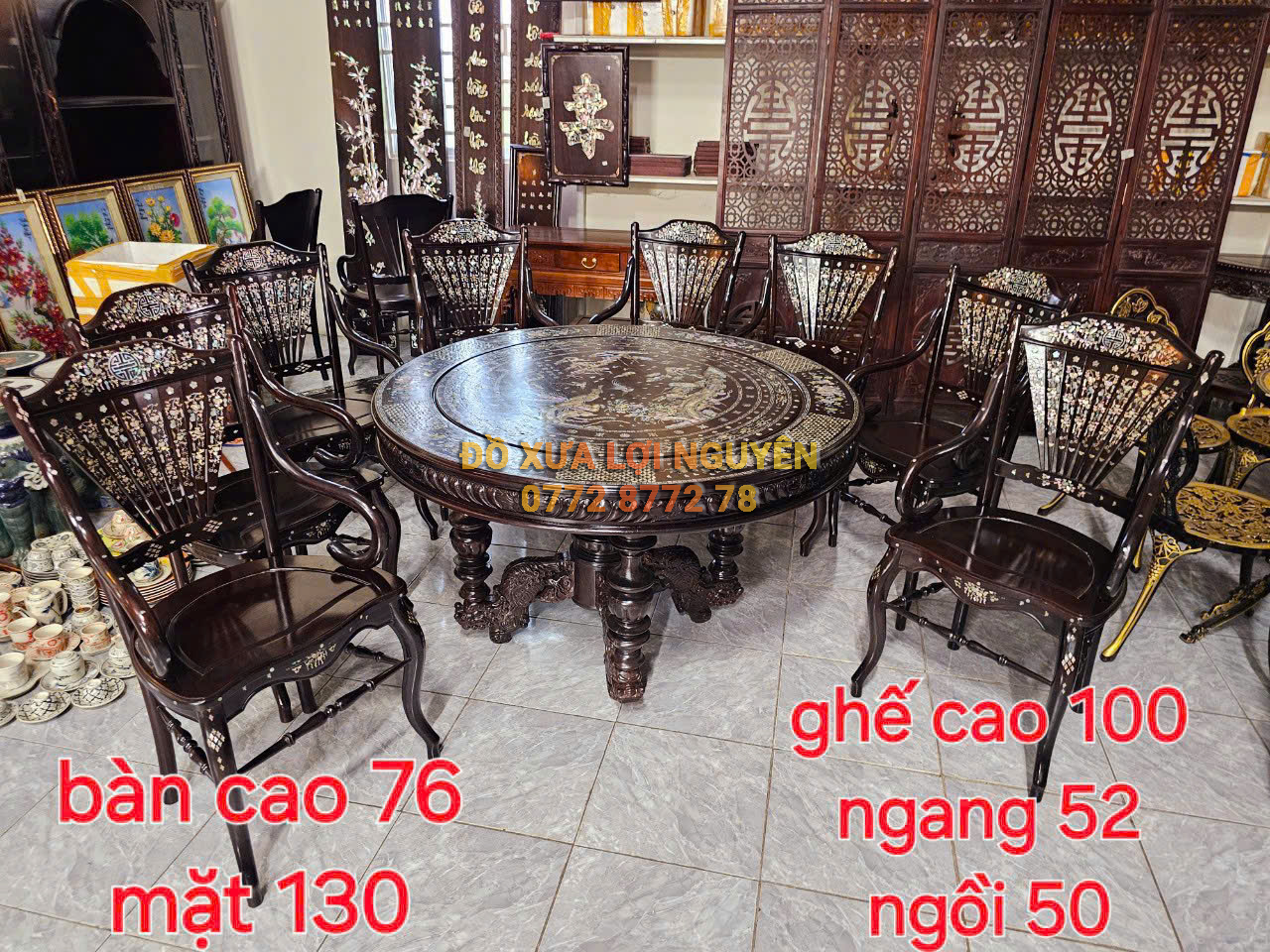 Bộ bàn ăn 8 món, ghế quạt cẩn 2 mặt, gỗ gõ