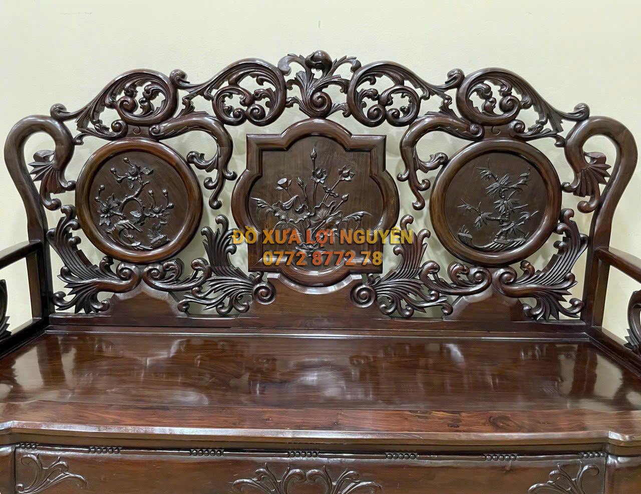 Bộ bàn 6 món gỗ trắc ta xưa, trạm đục hoa lá tây