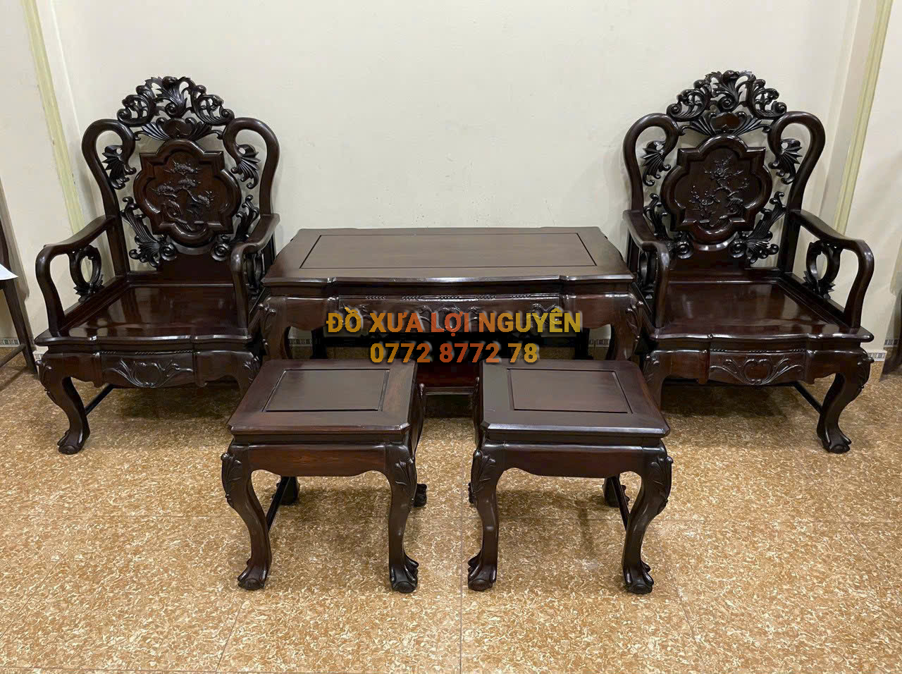 Bộ bàn 6 món gỗ trắc ta xưa, trạm đục hoa lá tây