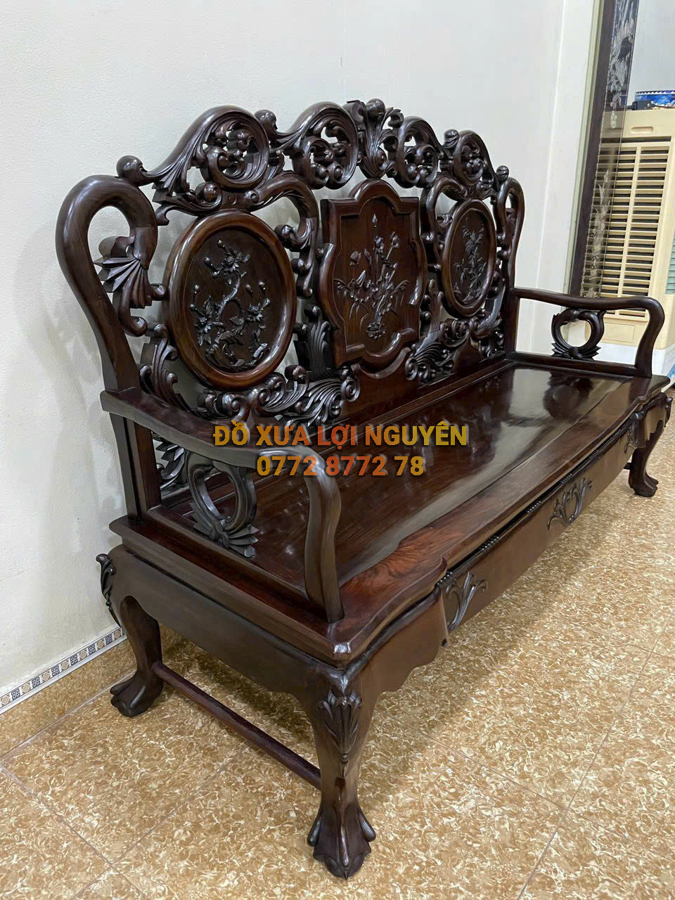 Bộ bàn 6 món gỗ trắc ta xưa, trạm đục hoa lá tây