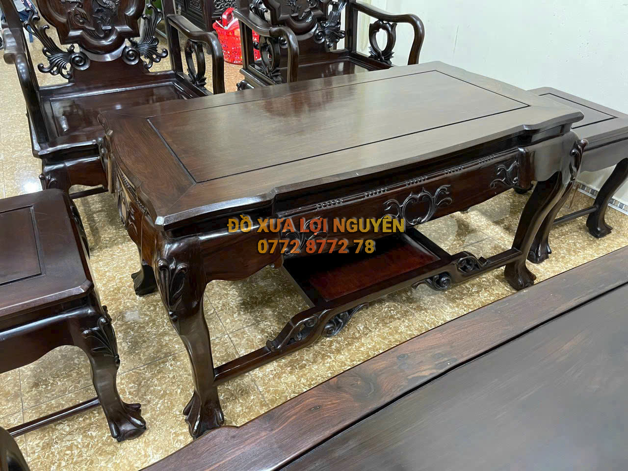 Bộ bàn 6 món gỗ trắc ta xưa, trạm đục hoa lá tây