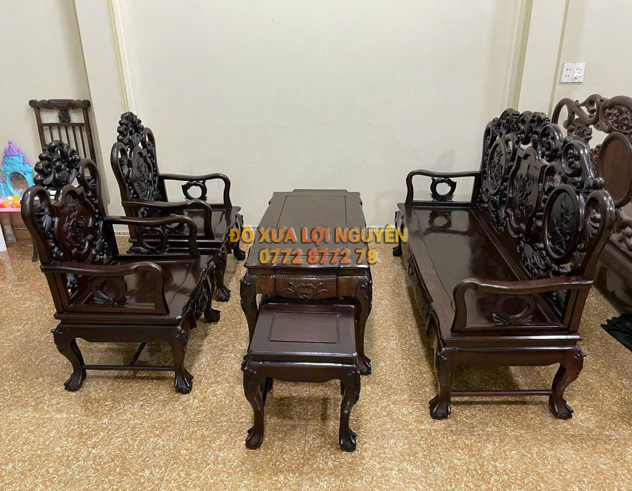 Bộ bàn 6 món gỗ trắc ta xưa, trạm đục hoa lá tây