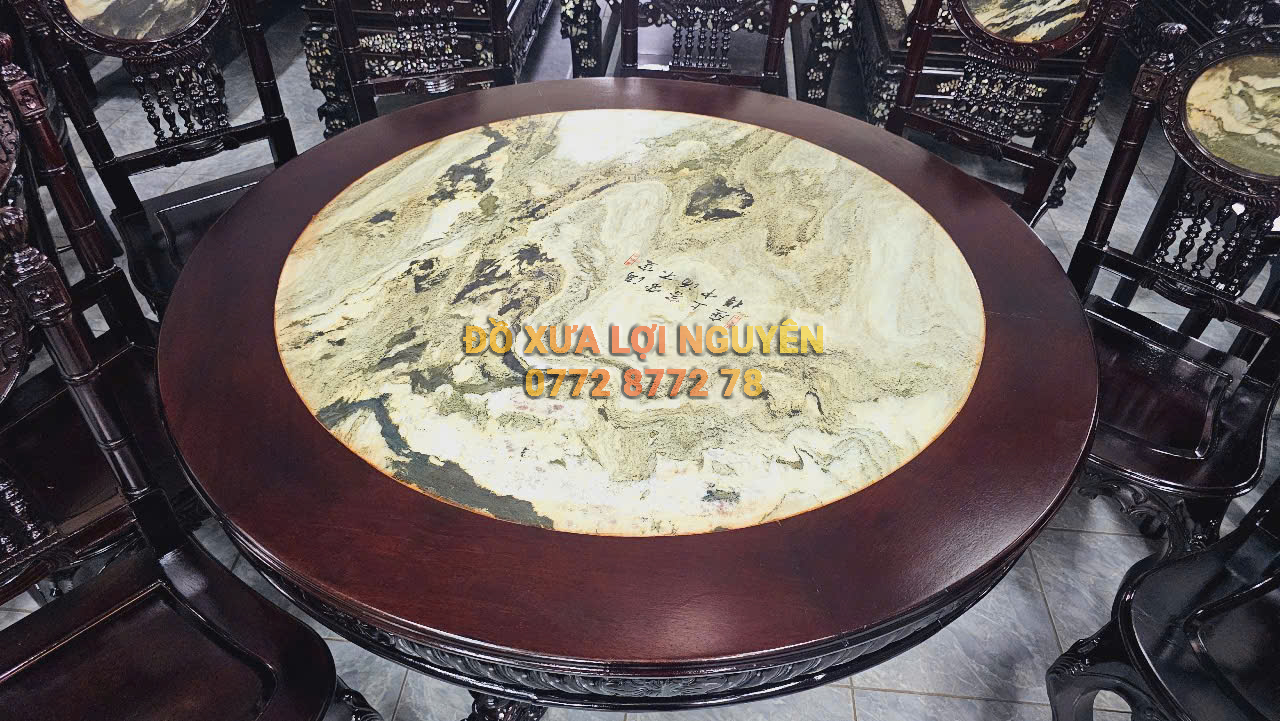 Bàn ăn 9 món gỗ gõ mật, mặt đá tàu