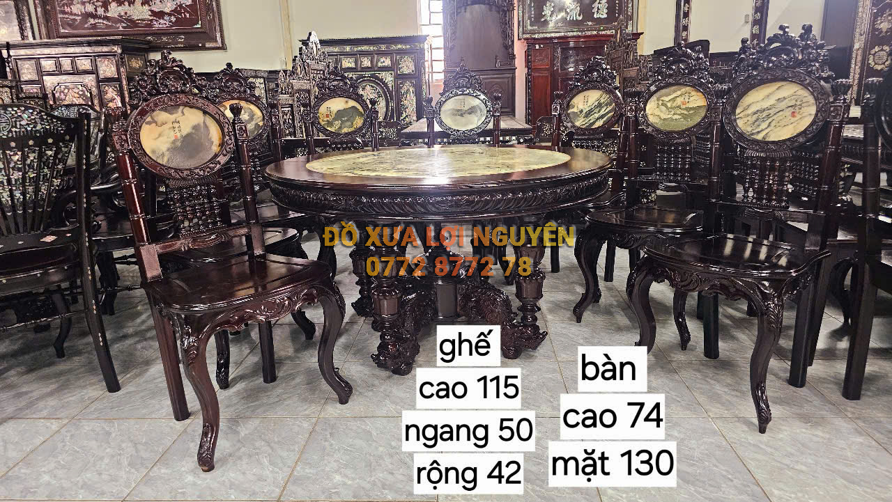 Bàn ăn 9 món gỗ gõ mật, mặt đá tàu