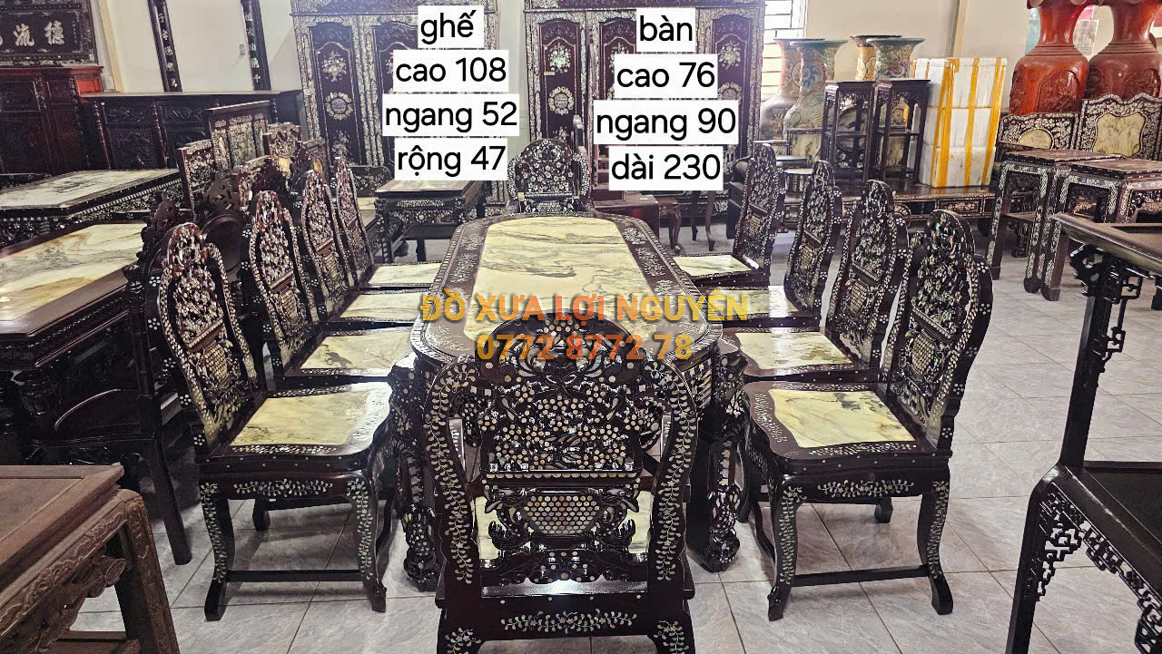 Bàn hội nghị, bàn ăn 11 món cẩn ốc tứ diện, gỗ gõ mật