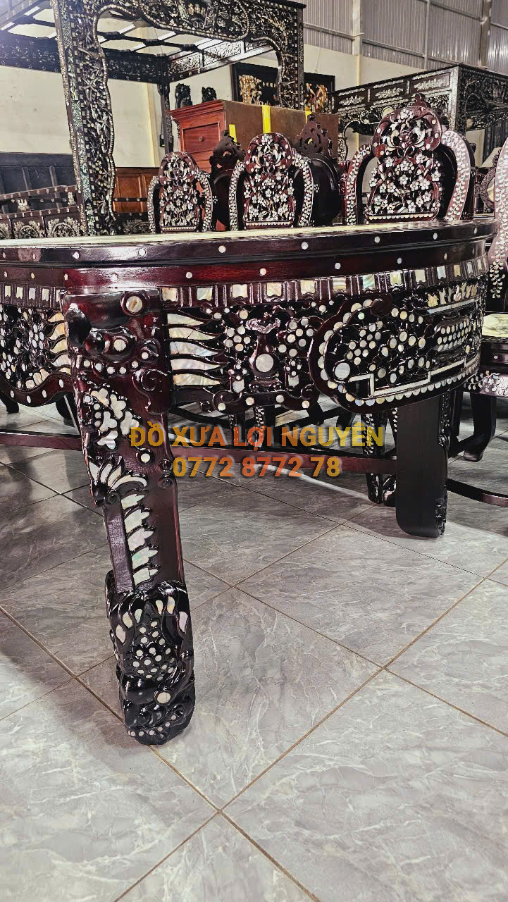 Bàn hội nghị, bàn ăn 11 món cẩn ốc tứ diện, gỗ gõ mật