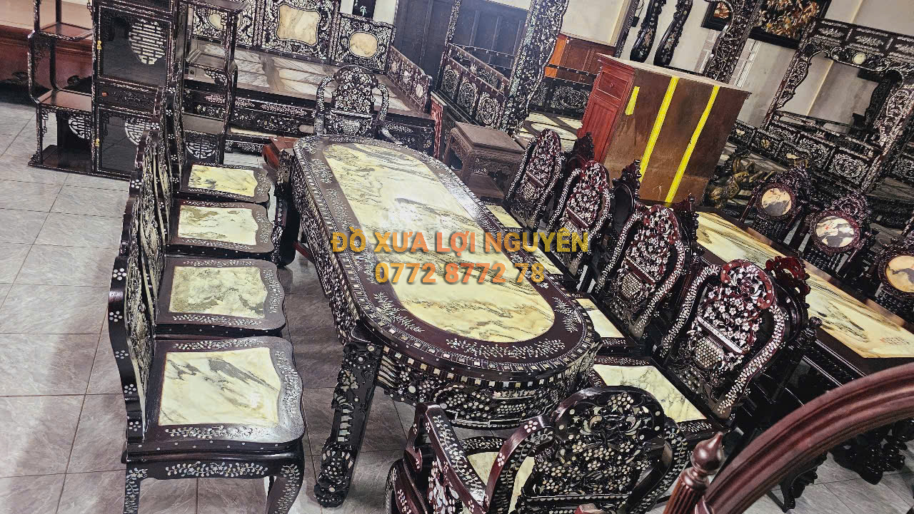 Bàn hội nghị, bàn ăn 11 món cẩn ốc tứ diện, gỗ gõ mật
