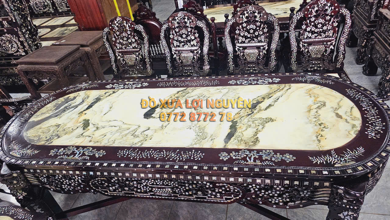 Bàn hội nghị, bàn ăn 11 món cẩn ốc tứ diện, gỗ gõ mật