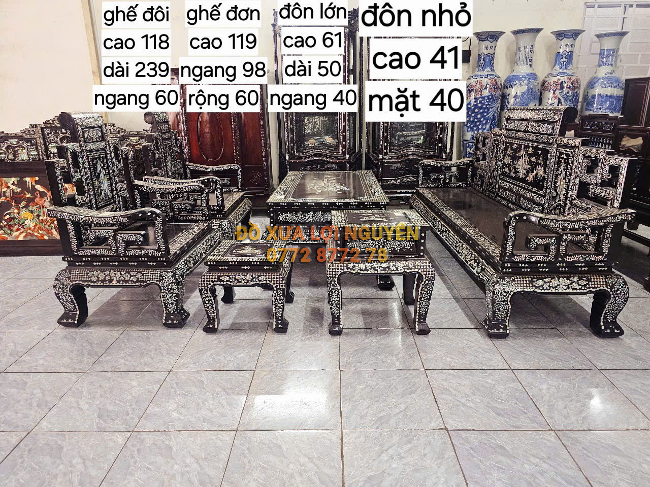 Bộ bàn ghế sang trọng, cẩn ốc tứ diện, gỗ gõ mật
