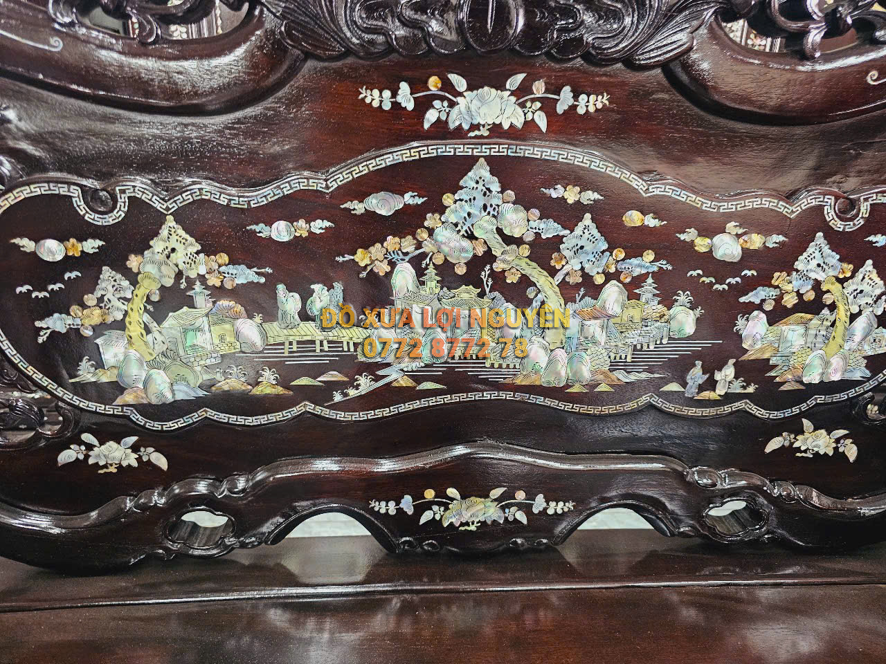 Bộ bàn Louis khánh dơi 9 món, cẩn ốc đẹp, gỗ gõ mật