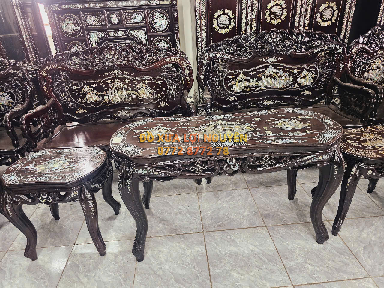 Bộ bàn Louis khánh dơi 9 món, cẩn ốc đẹp, gỗ gõ mật