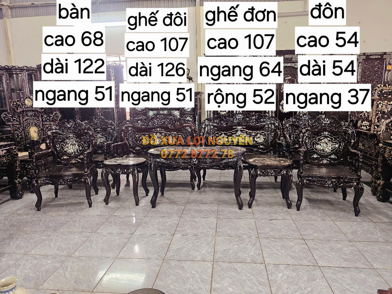 Bộ bàn Louis khánh dơi 9 món, cẩn ốc đẹp, gỗ gõ mật