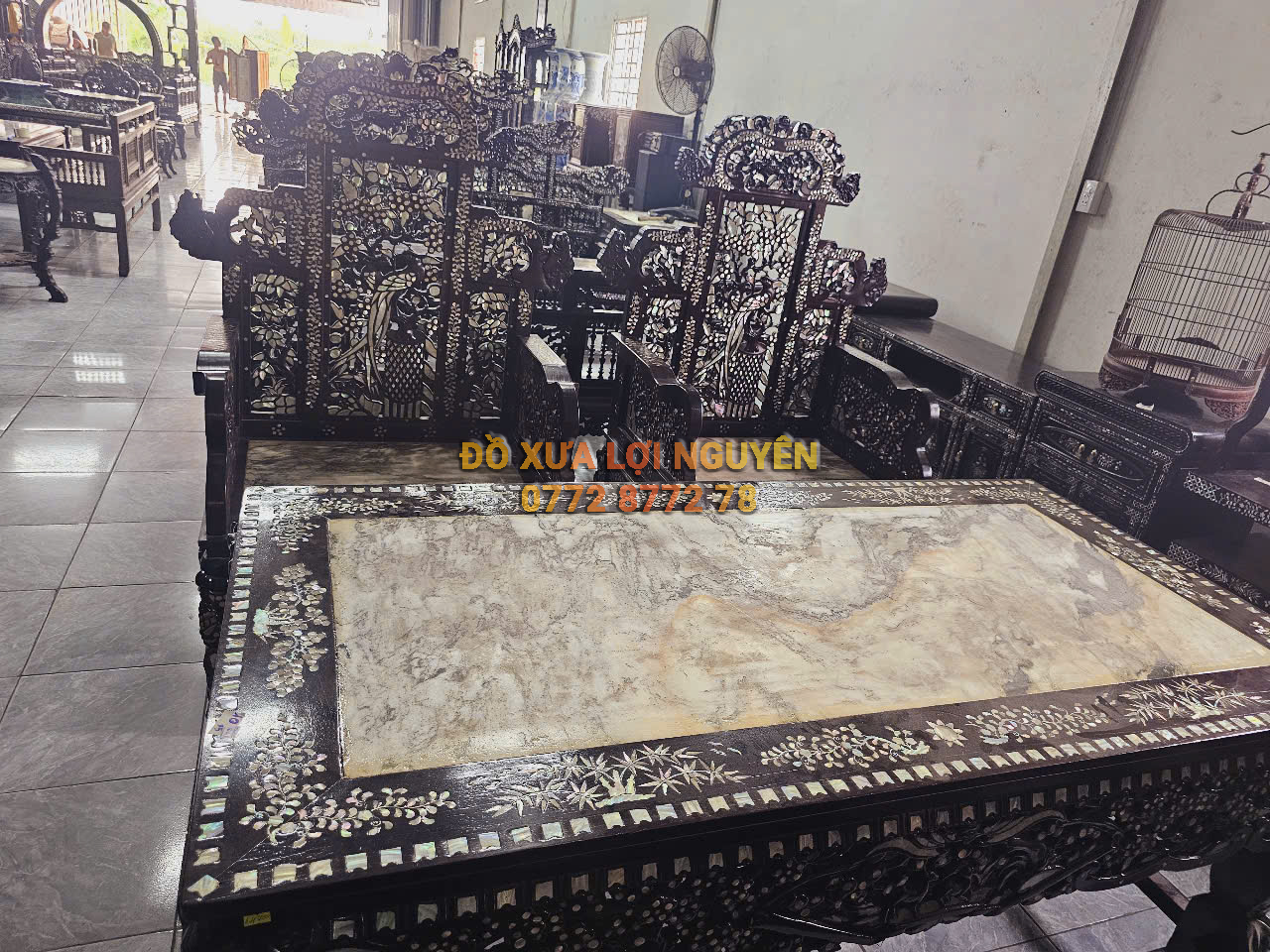 Bộ bàn đại sơn 5 món, cẩn ốc tứ diện, gỗ gõ mật