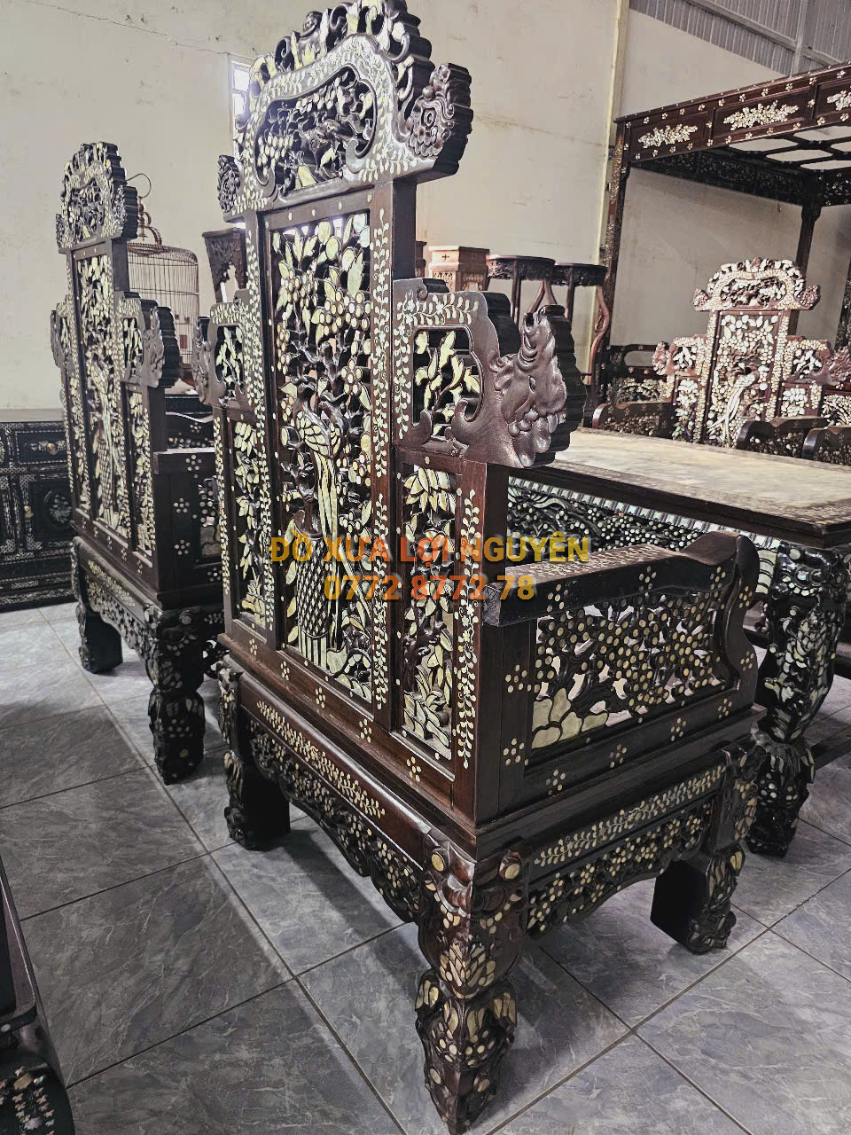 Bộ bàn đại sơn 5 món, cẩn ốc tứ diện, gỗ gõ mật