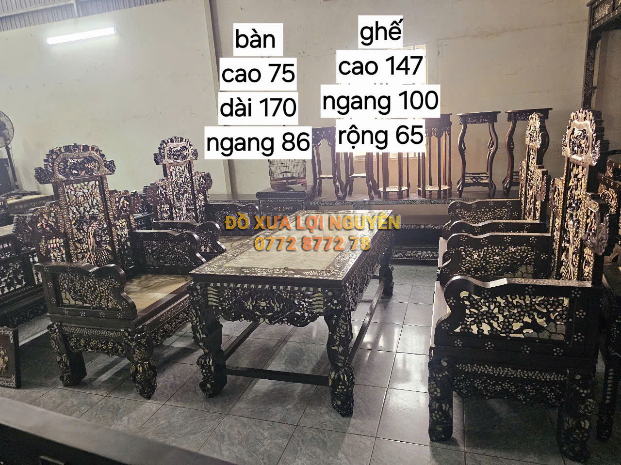 Bộ bàn đại sơn 5 món, cẩn ốc tứ diện, gỗ gõ mật