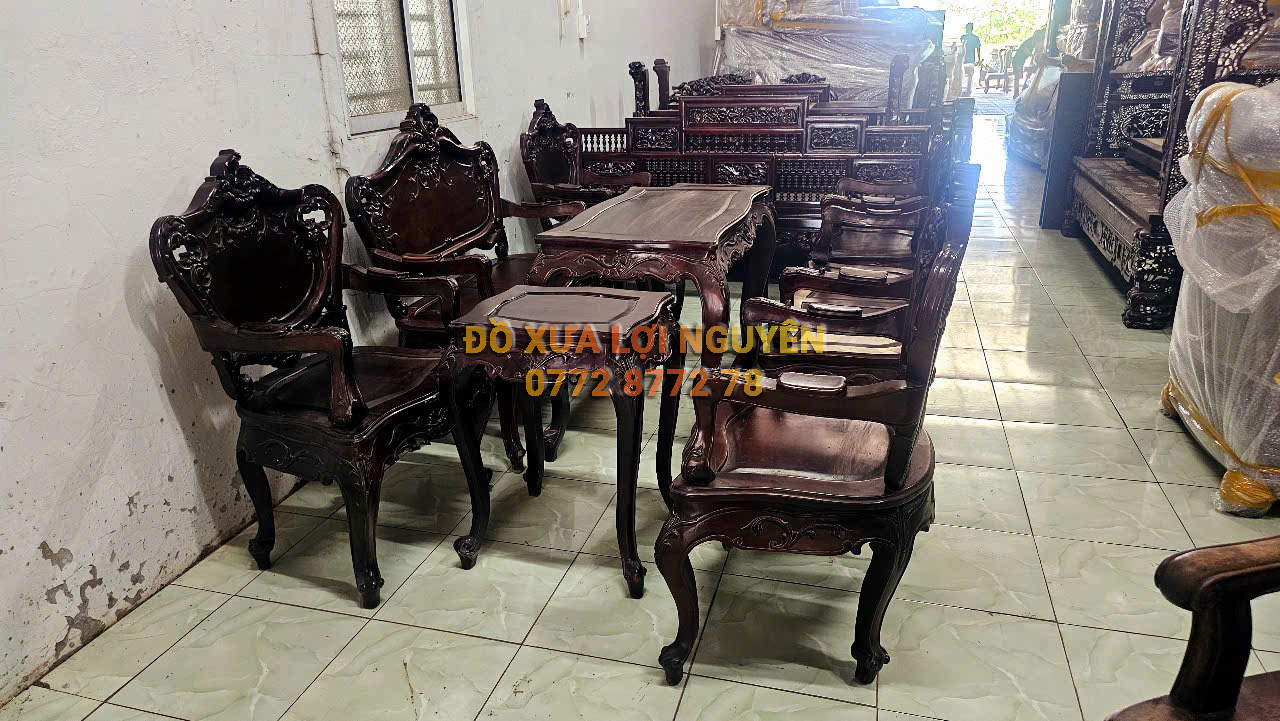 Bộ bàn Louis 9 món, gỗ cẩm lai, dáng hoàng gia rất đẹp