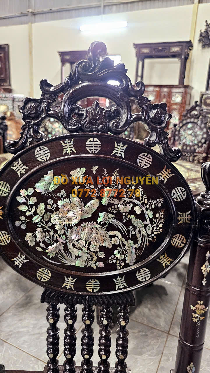 Bộ bàn ăn gỗ gõ mật, ghế Louis, cẩn ốc 9 món, mặt bàn đá tàu