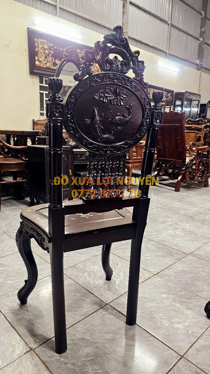 Bộ bàn ăn gỗ gõ mật, ghế Louis, cẩn ốc 9 món, mặt bàn đá tàu