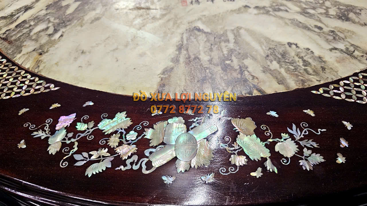 Bộ bàn ăn gỗ gõ mật, ghế Louis, cẩn ốc 9 món, mặt bàn đá tàu