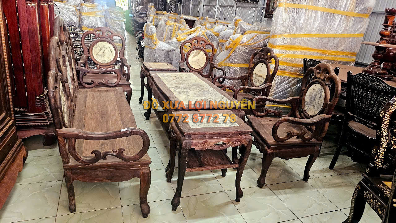 Bộ bàn ghế gỗ trắc ta chuẩn xưa 8 món, dáng móc Tàu