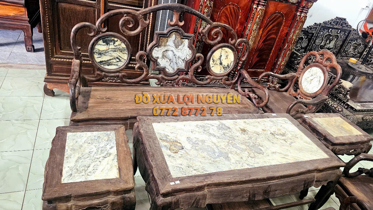 Bộ bàn ghế gỗ trắc ta chuẩn xưa 8 món, dáng móc Tàu