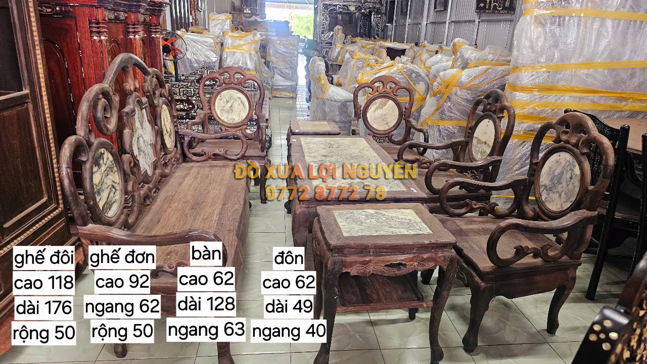 Bộ bàn ghế gỗ trắc ta chuẩn xưa 8 món, dáng móc Tàu