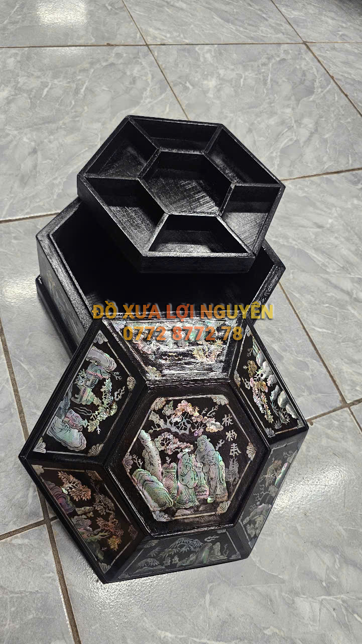 Tráp lục giác, cẩn ốc đẹp, gỗ gõ mật