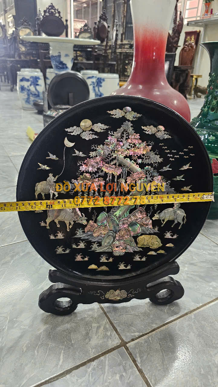 Dĩa tranh quê hương, gỗ gõ mật, cẩn ốc đẹp