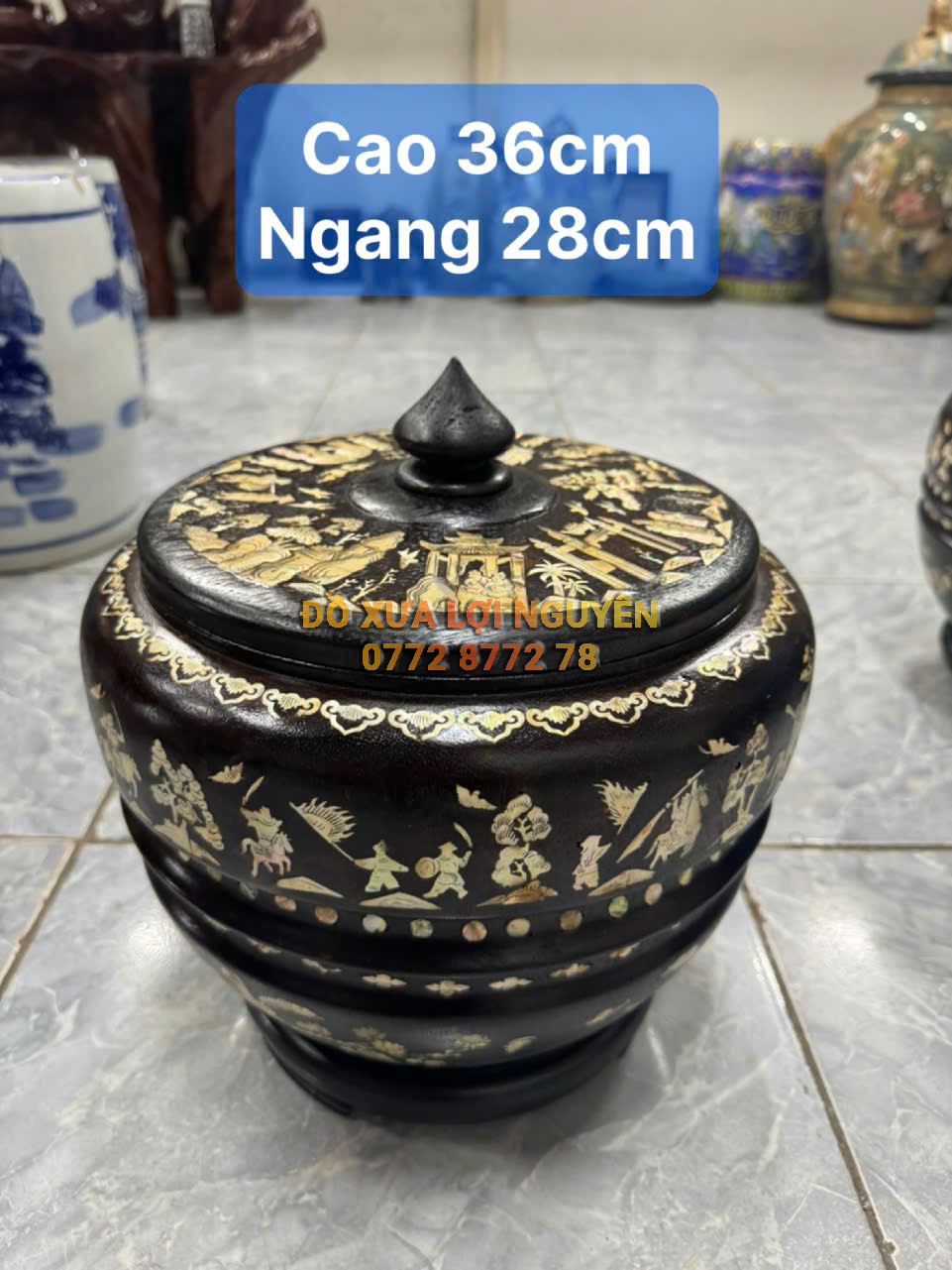 Hủ ủ trà cẩn ốc xưa, gỗ gõ mật