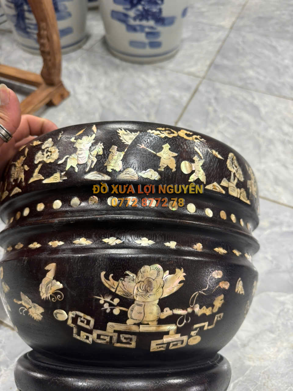 Hủ ủ trà cẩn ốc xưa, gỗ gõ mật