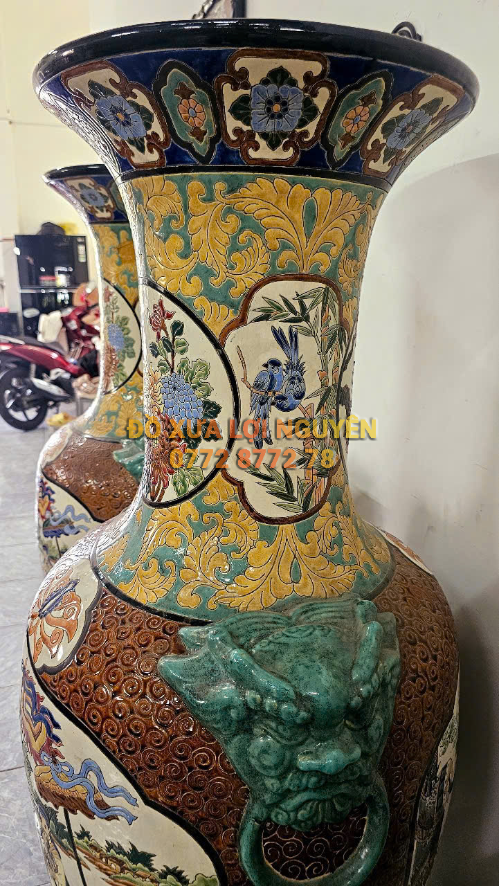 Cặp lộc bình cao to, tích vinh quy bái tổ, gốm biên hoà