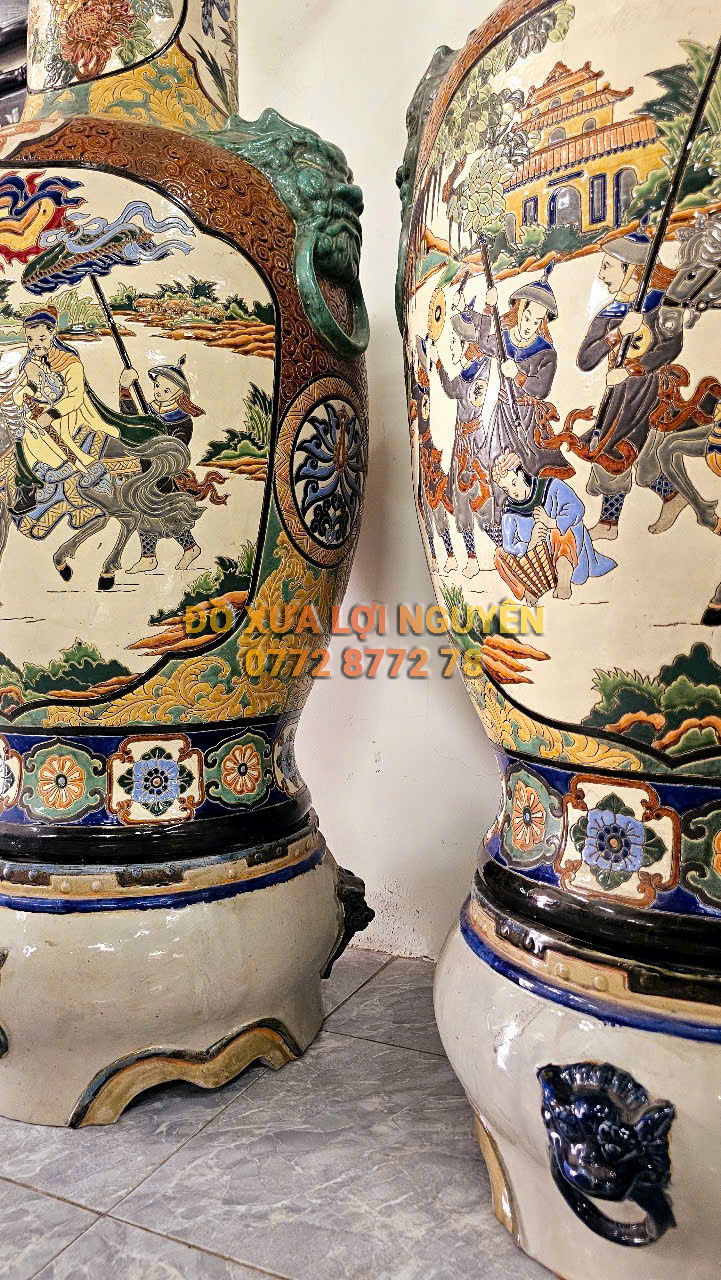 Cặp lộc bình cao to, tích vinh quy bái tổ, gốm biên hoà
