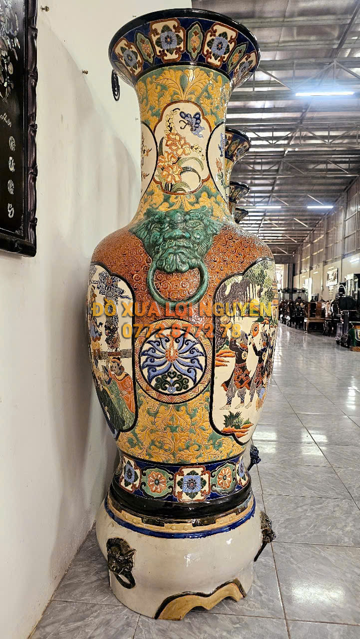 Cặp lộc bình cao to, tích vinh quy bái tổ, gốm biên hoà