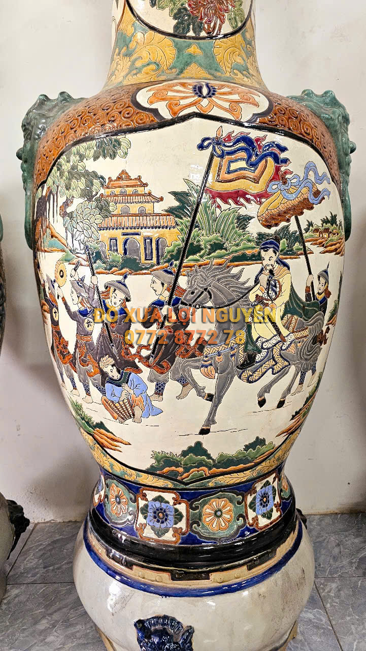 Cặp lộc bình cao to, tích vinh quy bái tổ, gốm biên hoà