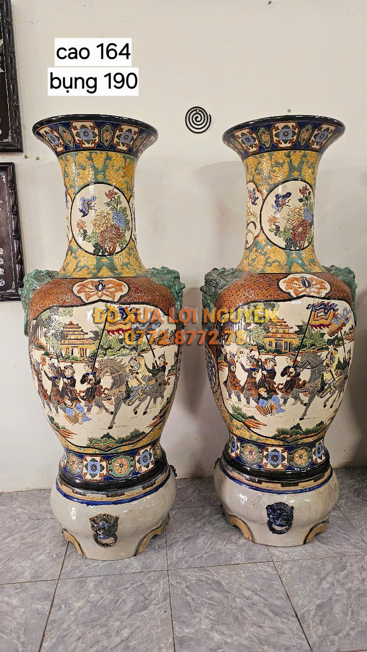 Cặp lộc bình cao to, tích vinh quy bái tổ, gốm biên hoà