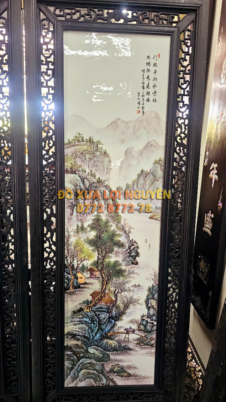 Bình phong gốm tàu xưa khung gỗ