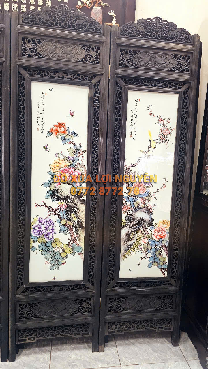 Bình phong gốm tàu xưa khung gỗ