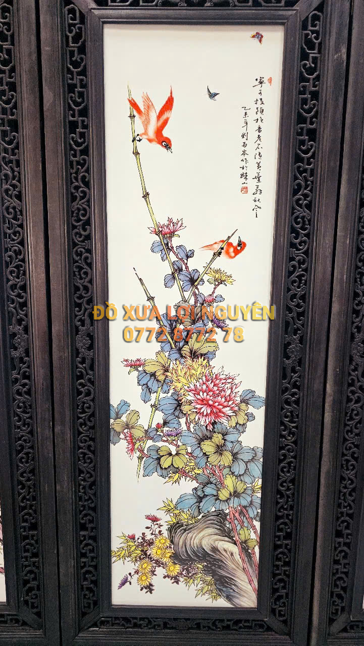 Bình phong gốm tàu xưa khung gỗ