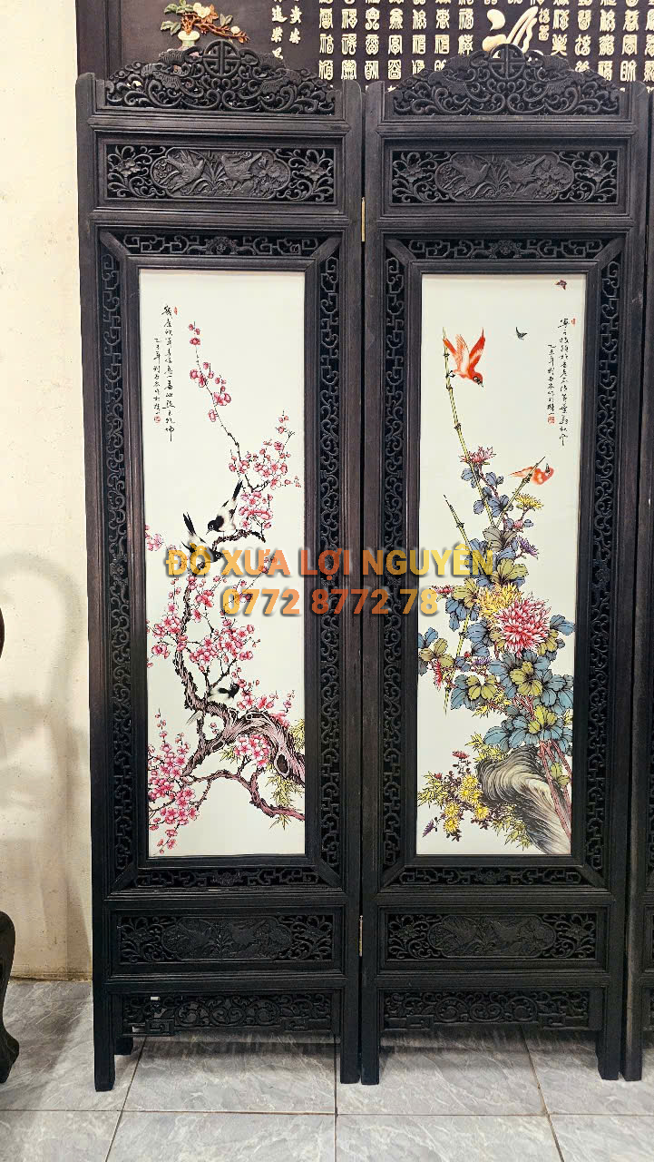 Bình phong gốm tàu xưa khung gỗ