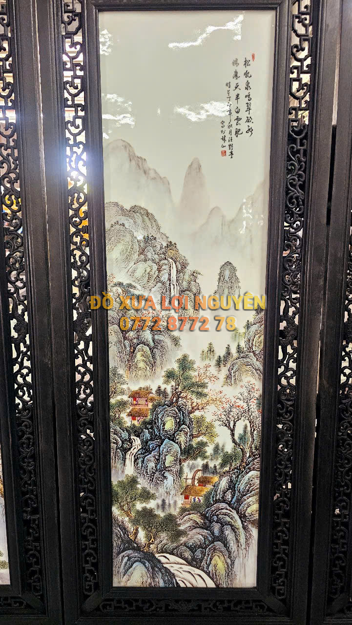 Bình phong gốm tàu xưa khung gỗ