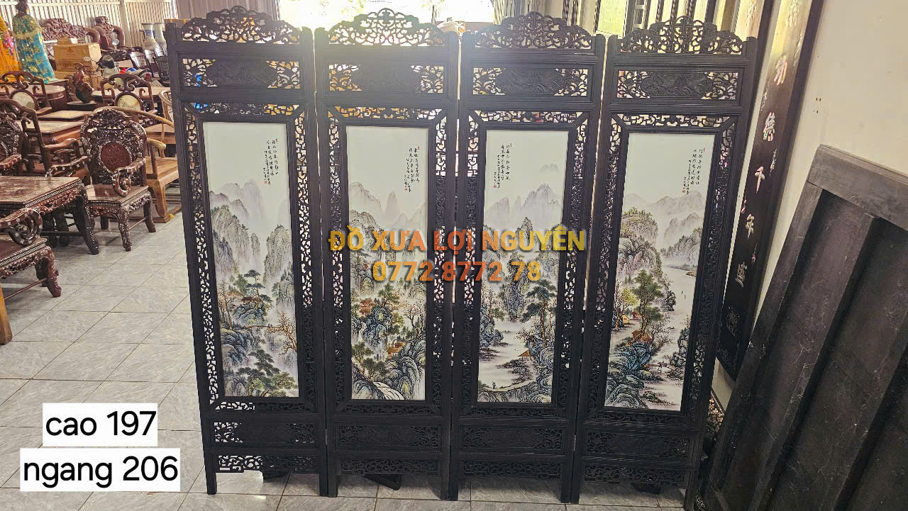 Bình phong gốm tàu xưa khung gỗ