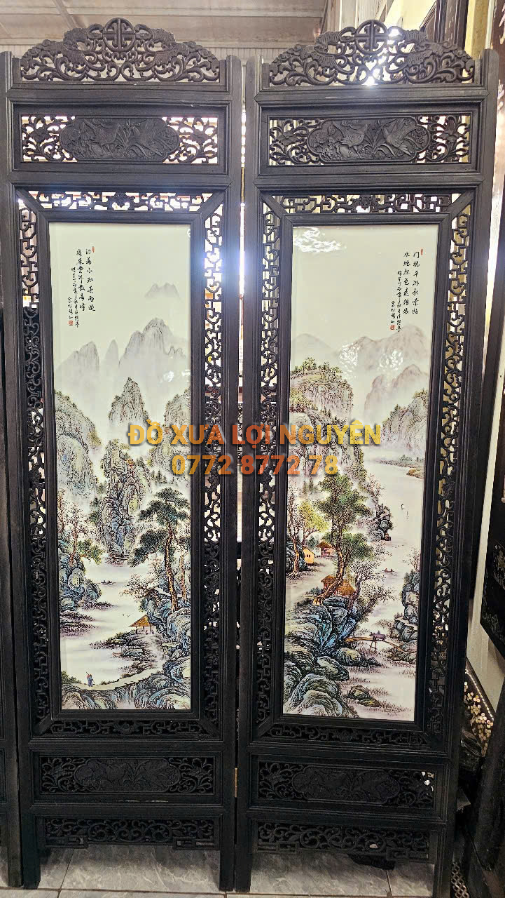 Bình phong gốm tàu xưa khung gỗ