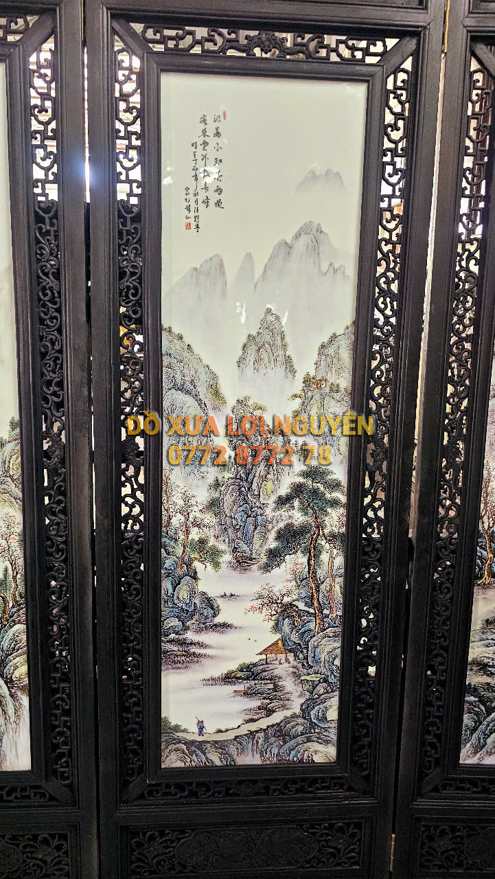 Bình phong gốm tàu xưa khung gỗ