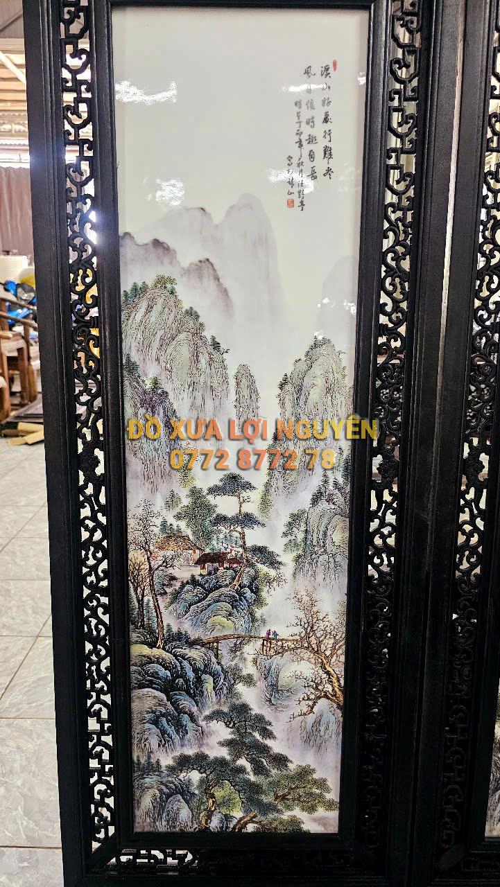 Bình phong gốm tàu xưa khung gỗ